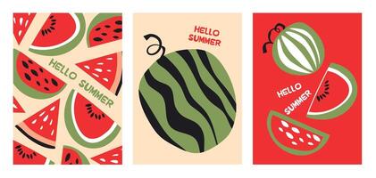 Summer poster watermelon set in flat style. Fruits bright compositions. Set of flyers, posters, banners, placards, brochure design. Hello Summer backgrounds with slices of fruits. vector