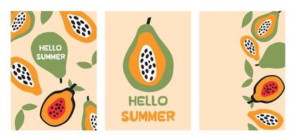 Stylish summer poster papaya set in flat style. Bright fruit compositions. Set of flyers, posters, banners, placards, brochure design. Hello Summer, backgrounds with slices of fruits. vector