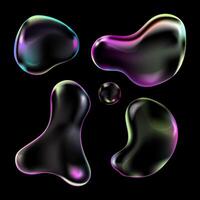 Realistic transparent soap bubbles on black background set.Liquid flowing 3D abstract shapes,trendy elements for any design.Glowing iridescent bubble of different shapes . illustration vector