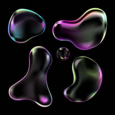 Realistic transparent soap bubbles on black background set.Liquid flowing 3D abstract shapes,trendy elements for any design.Glowing iridescent bubble of different shapes . illustration