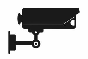 Black silhouette of a security camera isolated on white backdrop Simple graphic design of surveillance equipment. Concept of security, monitoring, safety. Print, logo, sign, design element vector