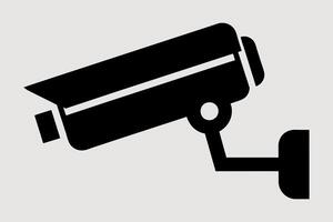 Black silhouette of a security camera isolated on white backdrop Simple graphic design of surveillance equipment. Concept of security, monitoring, safety. Print, logo, sign, design element vector