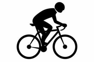 Black silhouette of cyclist isolated on white backdrop. Man on bicycle. Simple Graphic art. Concept of fitness, cycling, sport, active lifestyle. Icon, template, sign, logotype, print, design element vector