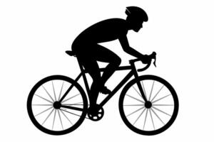 Black silhouette of cyclist isolated on white background. Man on bicycle. Graphic art. Concept of fitness, cycling, sport, active lifestyle. Icon, template, sign, logotype, print, design element vector