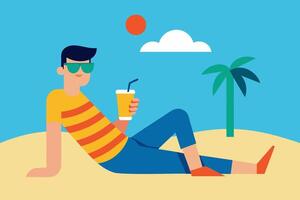 Man enjoying tropical drink on sunny beach. Guy with refreshing cocktail. Concept of summer leisure, beach relaxation, vacation vibes. Simple Graphic illustration. Print, design vector