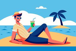 Man enjoying tropical drink on sunny beach. Guy with refreshing cocktail. Concept of summer leisure, beach relaxation, vacation vibes. Simple Graphic illustration. Print, design vector