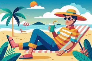 Man enjoying tropical drink on sunny beach. Guy with refreshing cocktail. Concept of summer leisure, beach relaxation, vacation vibes. Graphic illustration. Print, design vector