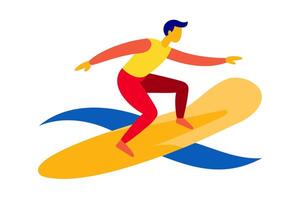 Man surfing on a vibrant waves. Surfer on a colorful surfboard riding a wave. Concept of water sports, action, vacation. Graphic illustration. Print, design. Isolated on white background vector