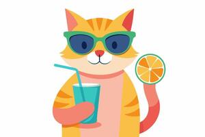 Cat in sunglasses enjoying fruit cocktail. Isolated on white background. Feline with soft drink. Concept of summer vibes, exotic beverage, vacation. Print. Design element. Graphic illustration vector