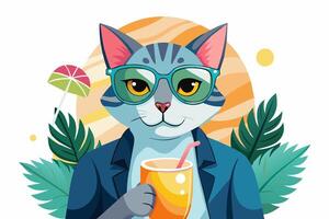 Cat in sunglasses enjoying fruit cocktail in tropical setting. Feline with soft drink. Concept of summer vibes, refreshing drink, exotic beverage, vacation. Design. Print. Graphic art vector