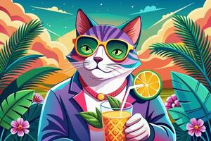 Cat in sunglasses enjoying fruit cocktail in tropical setting. Smiling Feline with soft drink. Concept of summer vibes, refreshing drink, exotic beverage, vacation. Design. Print. Graphic art vector