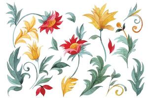 set of watercolor ornaments. red and yellow. oriental pattern vector