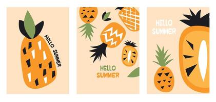 Stylish summer poster pineapple set in flat style. Bright fruit compositions. Set of flyers, posters, banners, placards, brochure design. Hello Summer, backgrounds with slices of fruits. vector