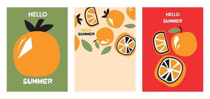 Stylish summer poster orange set in flat style. Bright fruit compositions. Set of flyers, posters, banners, placards, brochure design. Hello Summer, backgrounds with slices of fruits. vector