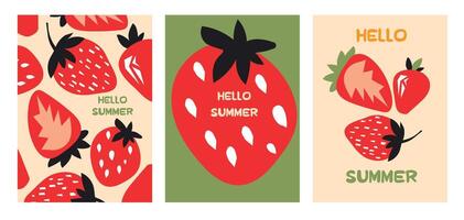 Stylish summer poster strawberry set in flat style. Bright fruit compositions. Set of flyers, posters, banners, placards, brochure design. Hello Summer, backgrounds with slices of fruits. vector