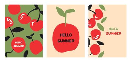 Stylish summer poster cherry set in flat style. Bright fruit compositions. Set of flyers, posters, banners, placards, brochure design. Hello Summer, backgrounds with slices of fruits. vector