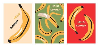 Stylish summer poster banana set in flat style. Bright fruit compositions. Set of flyers, posters, banners, placards, brochure design. Hello Summer, backgrounds with slices of fruits. vector