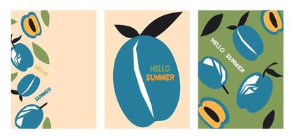 Stylish summer poster plum set in flat style. Bright fruit compositions. Set of flyers, posters, banners, placards, brochure design. Hello Summer, backgrounds with slices of fruits. vector