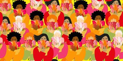 Group of women in different ethnic clothes with bouquets of blooming tulips.Seamless flat style color pattern for printing on cards, covers, fabrics and women's day greetings. vector