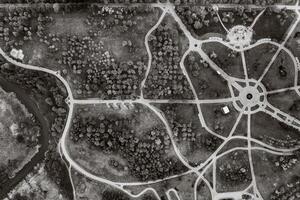 View from the height of loshitsky Park in Minsk.Winding paths in Loshitsky Park.Belarus.Apple orchard.Black and white photo. photo