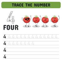 Card for learning numbers with funny tomatoes in kawaii style. Trace the number.Educational children game, printable worksheet. vector