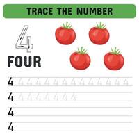 Card for learning numbers with tomatoes. Trace the number.Educational children game, printable worksheet. vector