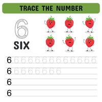 Card for learning number with sweet strawberries. Tracing number worksheet for kindergarten, preschool for learning numbers and handwriting practice activities. illustration vector