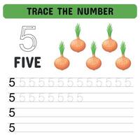 Card for learning number 5 with onions. Tracing number worksheet for kindergarten, preschool for learning numbers and handwriting practice activities. illustration vector