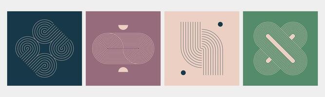 Minimalist zen arch poster set with abstract geometric shapes, celtic knotwork linear ornament or simple figures of outline strokes. Nordic design wall decor, cards with boho elements. Bohemian covers vector