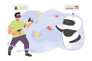 Flat man in virtual reality headset playing game with ai robot. Character with controller, vr glasses play with robotic companion. Digital technologies concept. High tech entertainment or interactive. vector