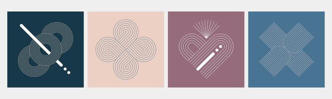 Set of modern minimalist zen arch posters with geometric linear ornament, simple figures of outline strokes. Nordic design wall art decor with boho element of knot, arc, heart, circle. Bohemian covers vector