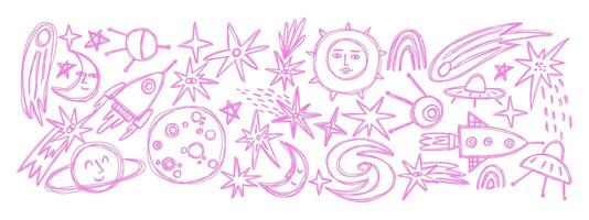 Set with space elements in doodle style. Icons of various astronomical objects. Hand drawn illustration. vector
