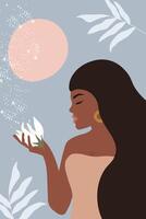 Abstract poster of a beautiful girl in profile with a flower in her hand against the background of the moon. vector