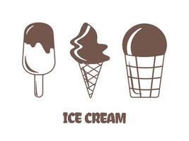 Icons, ice cream logo, set. The silhouette of an ice cream in brown-chocolate color on a white background. Butter on a stick, in a waffle cone, in a cup vector