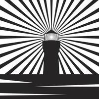 Silhouette of a lighthouse with a shining light, postcard vector