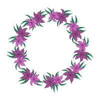 spring wreath of lilies on a white background. Frame of flowers and leaves. Greeting card. vector