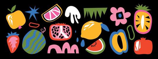 Set of Hand drawn various Shapes and colorful fruits. Abstract contemporary modern trendy illustrations on a dark background. All elements are isolated vector