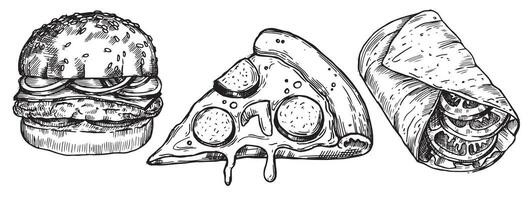 set of fast food dishes, pizza, hamburger, roll, drawing in sketch style. black and white graphics, engraving vector