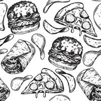 seamless pattern with fast food. chips, burger, pizza. sketch style print vector