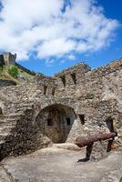 Marvao, Portugal. May 19, 2024. Battlements of Marvao Castle with old cannons pointing toward the scenic landscape, capturing history and panoramic views in a display of medieval defense architecture. photo