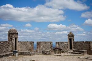 Marvao, Portugal. May 19, 2024. Battlements of Marvao Castle with old cannons pointing toward the scenic landscape, capturing history and panoramic views in a display of medieval defense architecture. photo