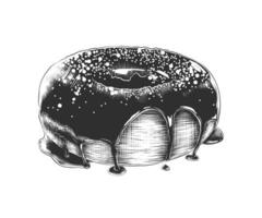 engraved style illustration for posters, decoration and print. Hand drawn sketch of donut in monochrome isolated on white background. Detailed vintage woodcut style drawing. vector