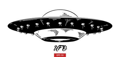 engraved style illustration for posters, decoration and print. Hand drawn sketch of ufo in black isolated on white background. Detailed vintage etching style drawing. vector