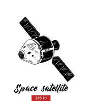 engraved style illustration for posters, decoration and print. Hand drawn sketch of space satellite in black isolated on white background. Detailed vintage etching style drawing. vector