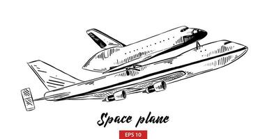engraved style illustration for posters, decoration and print. Hand drawn sketch of space plane in black isolated on white background. Detailed vintage etching style drawing. vector