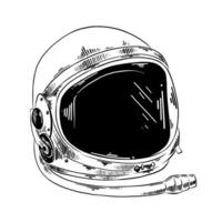 engraved style illustration for posters, decoration and print. Hand drawn sketch of astronaut helmet in black isolated on white background. Detailed vintage etching style drawing. vector