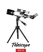 engraved style illustration for posters, decoration and print. Hand drawn sketch of telescope in black isolated on white background. Detailed vintage etching style drawing. vector