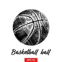 engraved style illustration for posters, decoration and print. Hand drawn sketch of basketball ball in black isolated on white background. Detailed vintage etching style drawing. vector