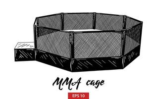 engraved style illustration for posters, decoration and print. Hand drawn sketch of mma cage in black isolated on white background. Detailed vintage etching style drawing. vector