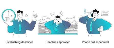 businessman office worker, assistant in flat modern style. The concept of deadlines, work deadlines, calling clients with advertising offers, productivity at work vector